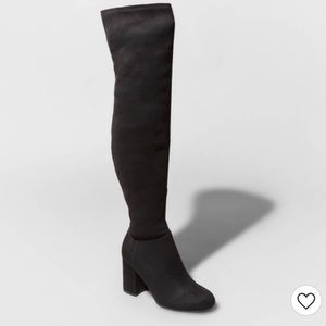 BLACK HEEL OVER KNEE cute boots- worn once. NWOT